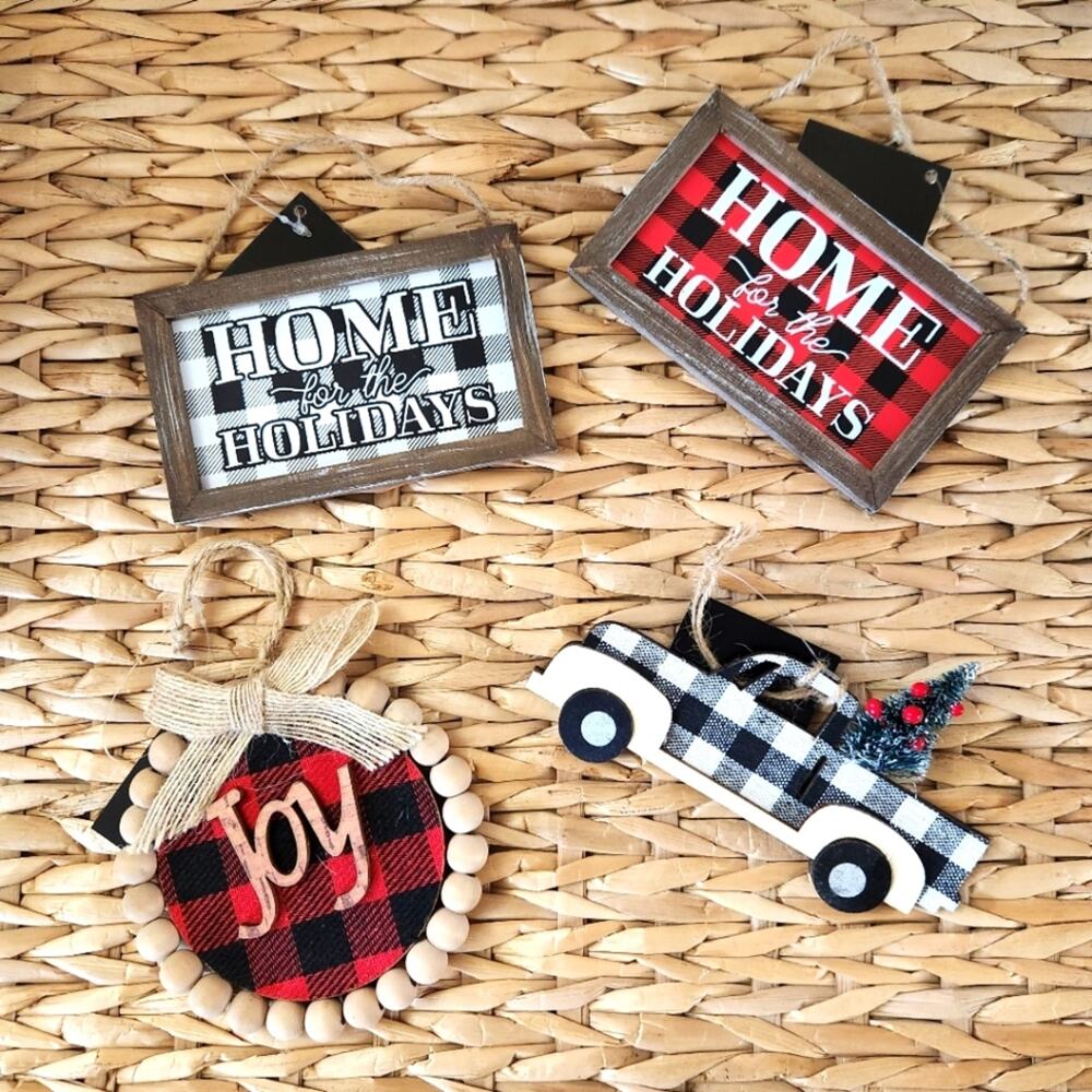 Bundle of New Ornaments Farmhouse Country Christmas Plaid Buffalo Checked